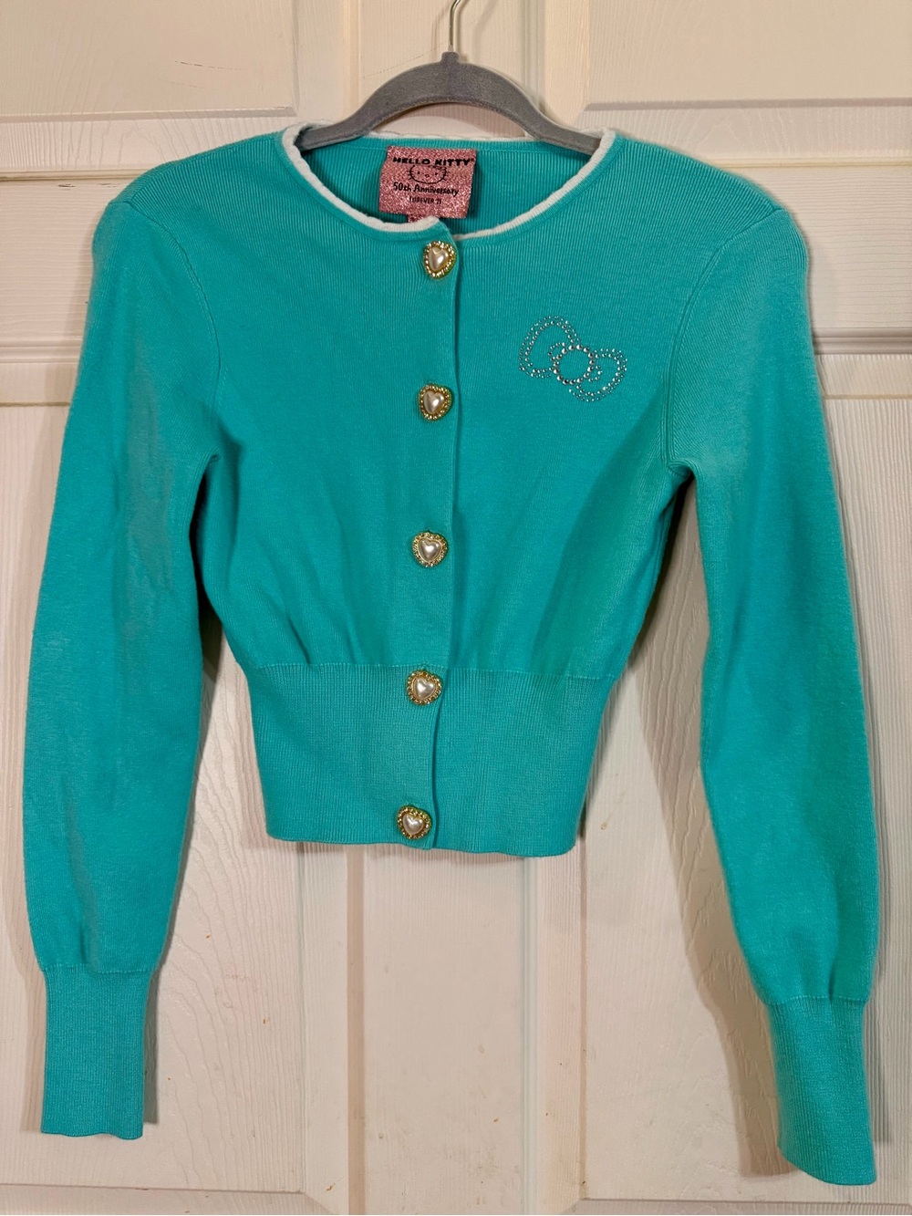 Hello Kitty Forever 21 Cropped Cardigan Preppy Teal Knit 50th Anniversary S EUC